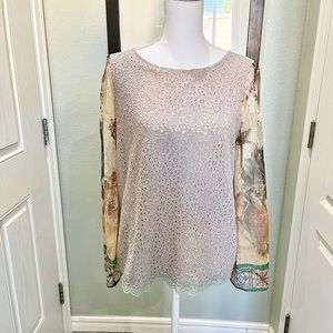 Gorgeous Sundance boutique grey cutout top with sheer sleeves.